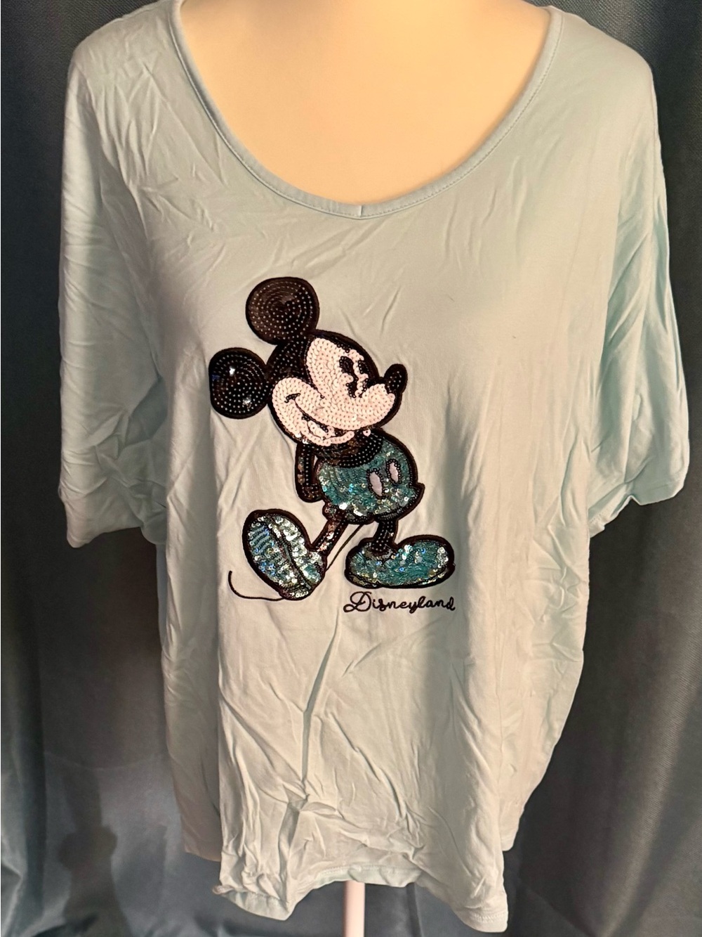 Disney Light Aqua V-Neck Tee with Sequin Mickey Graphic